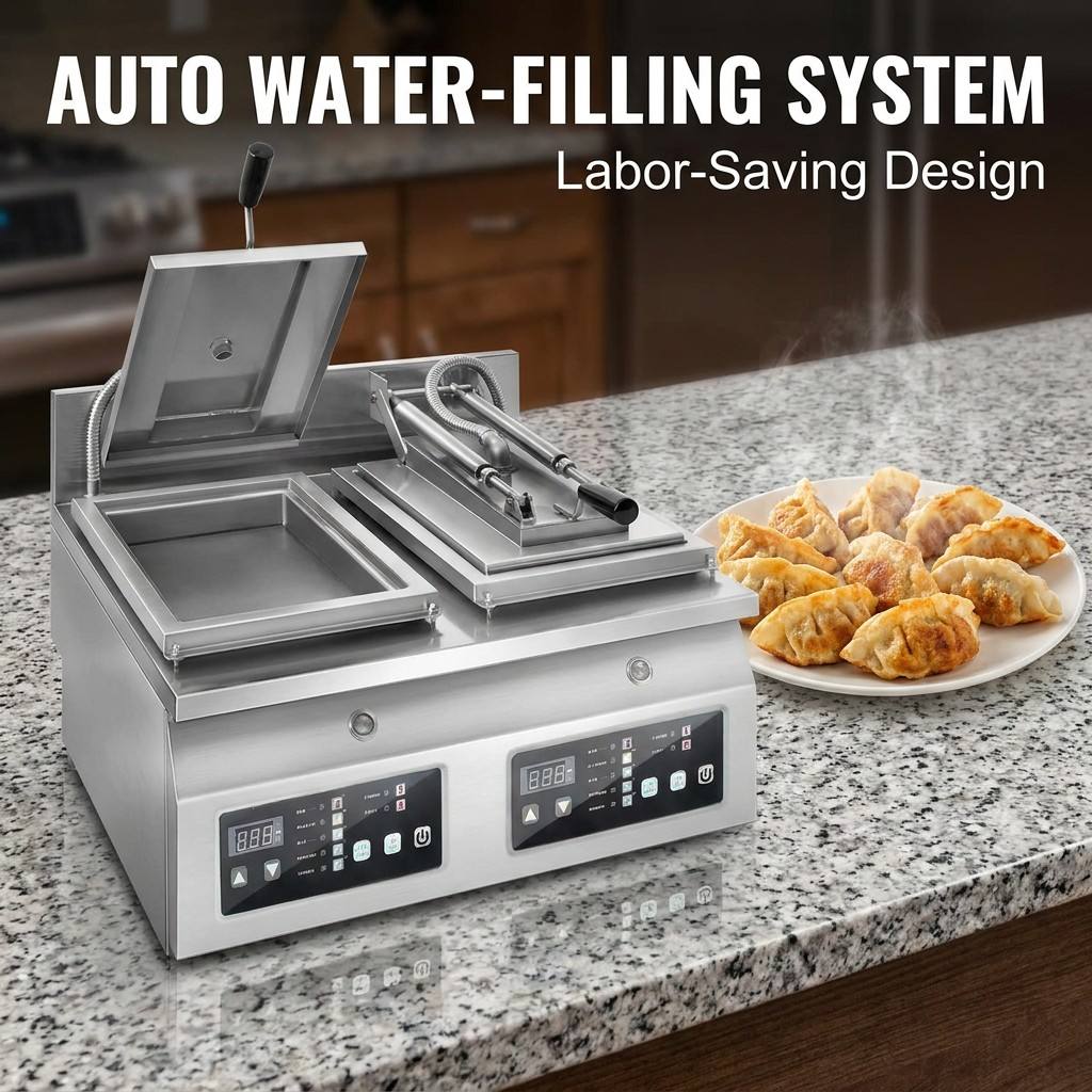 Commercial dumpling frying equipment in a professional kitchen setup